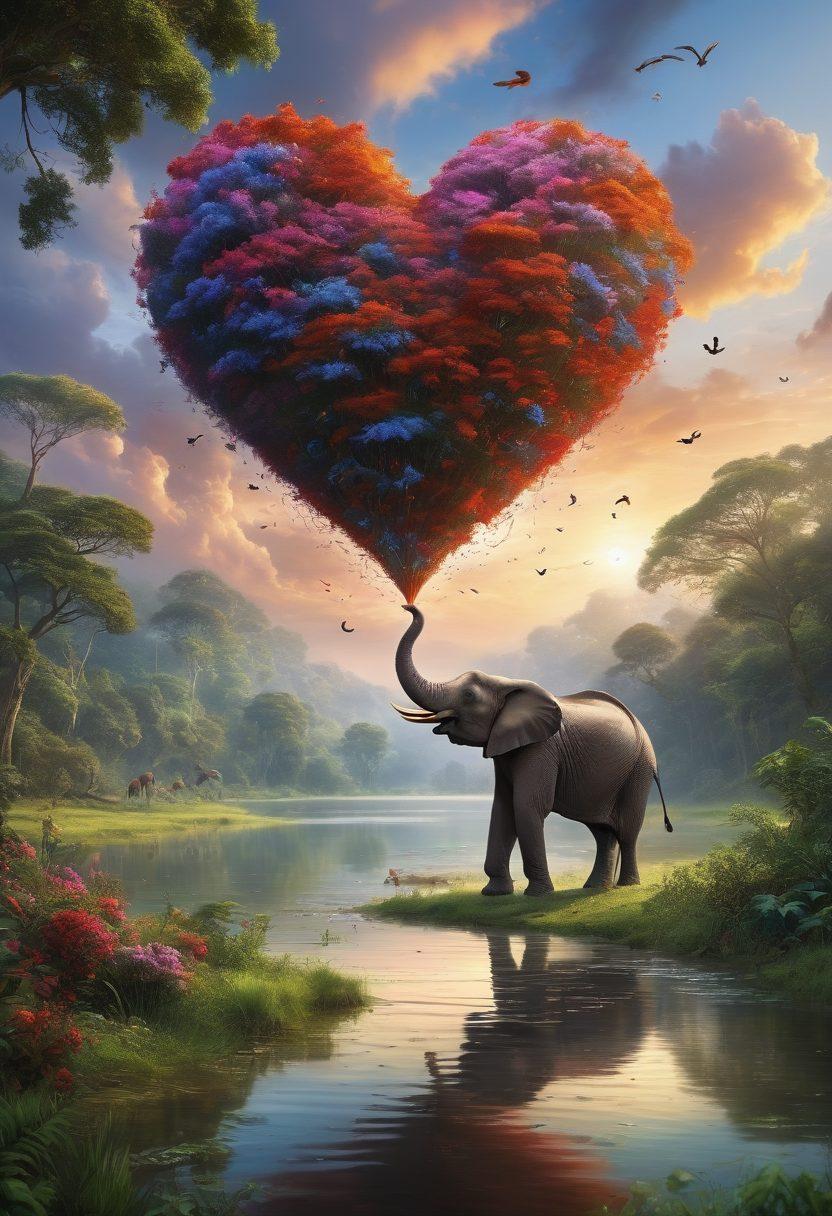 A breathtaking landscape showcasing a diverse range of wildlife in their natural habitat, including elephants and colorful birds under a sprawling sky filled with swirling clouds. Incorporate elements of vibrant green forests and sparkling rivers, while emphasizing conservation efforts through imagery such as a camera and a heart symbol intertwined with nature. The scene should convey a sense of awe and balance between humanity and the wild. super-realistic. vibrant colors. cinematic style.