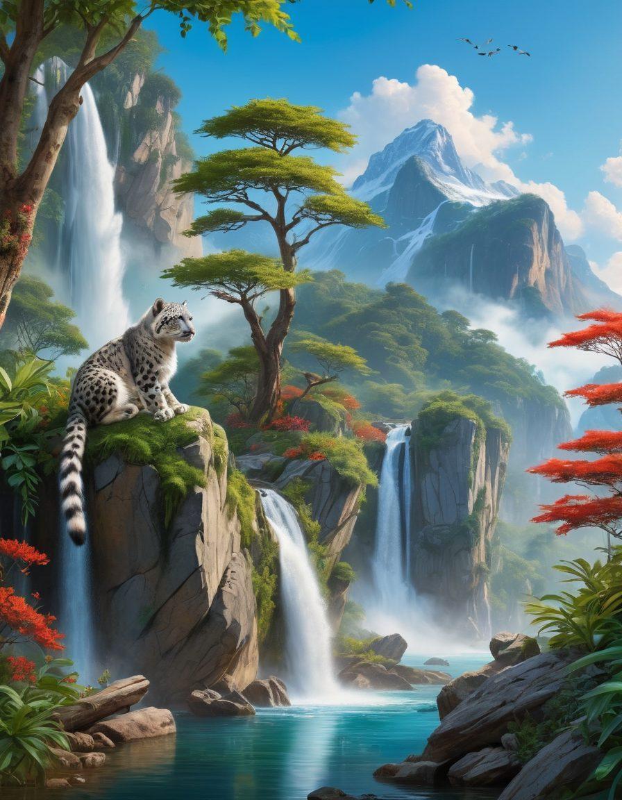A serene landscape featuring a vibrant forest with diverse endangered species like a snow leopard, a red panda, and colorful macaws. In the background, a waterfall cascades into a crystal-clear lake reflecting the sky. Wildlife conservation volunteers can be seen planting trees and cleaning up the environment. The scene is filled with lush greenery and a sense of harmony. super-realistic. vibrant colors. peaceful atmosphere.