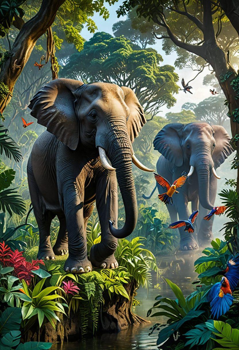 A vibrant jungle scene showcasing diverse animals interacting harmoniously, including a majestic elephant, playful monkeys, and colorful exotic birds. In the background, conservationists are working together to protect the environment, with lush greenery and a serene water body. The scene radiates a sense of unity between wildlife and human efforts, emphasizing the beauty of nature and the importance of conservation. super-realistic. vibrant colors. 3D.